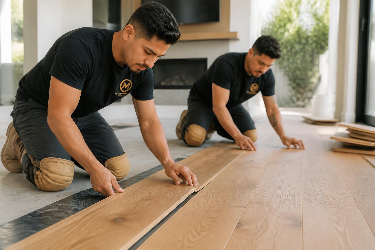 Carpenters installing hardwood flooring in a home